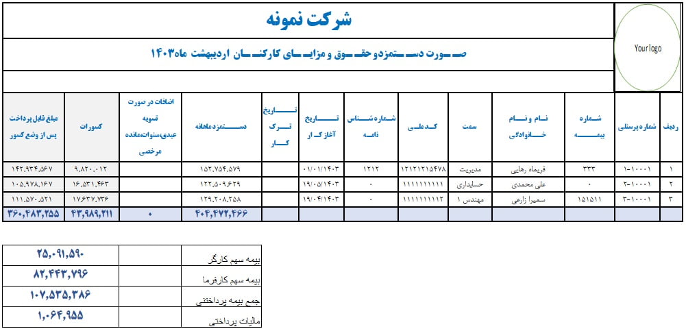 لیست حقوق و دستمزد1403